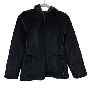 Aeros Suede Jacket‎ Women Small Black Lined Pockets Long Sleeve Full Zip Hooded